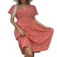 thumbnail image 1 of QJUHUNG Femmes Manches Courtes V Cou Imprimé Floral Robe Soleil Été Swing Midi Robe, 1 of 3