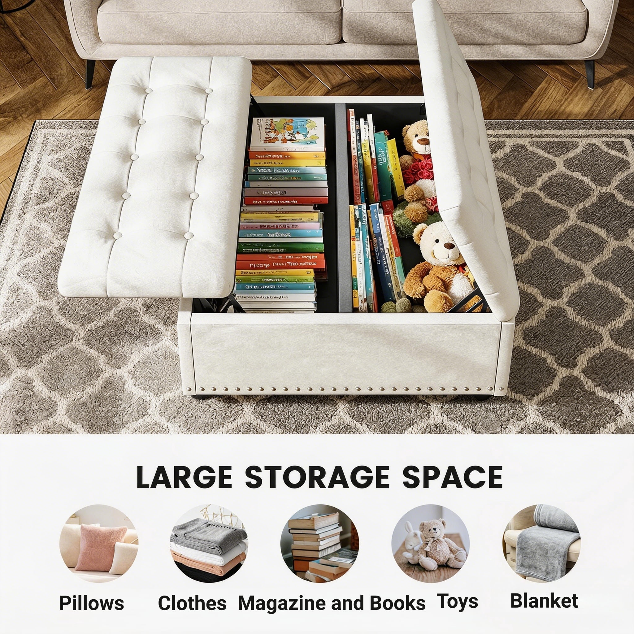 Kbun 33.5 inch Large Square Storage Ottoman, Tufted Upholstered Coffee Table with Lift Top & Solid Wood Legs, Oversized Storage Bench Ottomans Toy Box for Bedroom, Living Room, Entryway, White