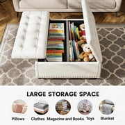 Kbun 33.5 inch Large Square Storage Ottoman, Tufted Upholstered Coffee Table with Lift Top & Solid Wood Legs, Oversized Storage Bench Ottomans Toy Box for Bedroom, Living Room, Entryway, White