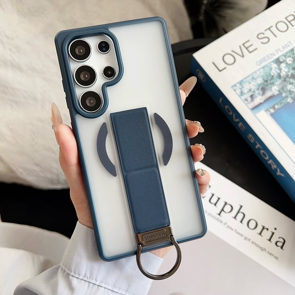 for Samsung Galaxy S26 Magnetic PU Leather TPU Case Stand Bracket Ring Hand Strap, Compatible with MagSafe, Luxury Shockproof Slim Translucent Frosted Phone Case for Galaxy S26, Blue