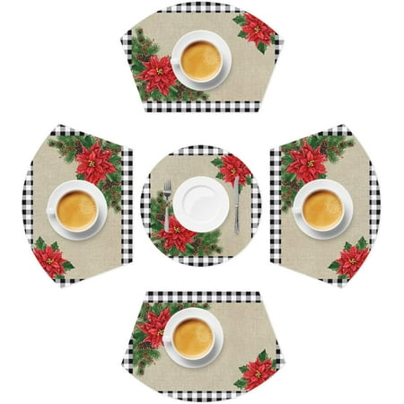

Christmas Poinsettia Flower Buffalo Check PVC Placemats for Round Table Washable Wedge Shape Place Mat with Centerpiece Round Mat Wipeable Heat-Resistant Vinyl Dining Table Mats for Kitchen