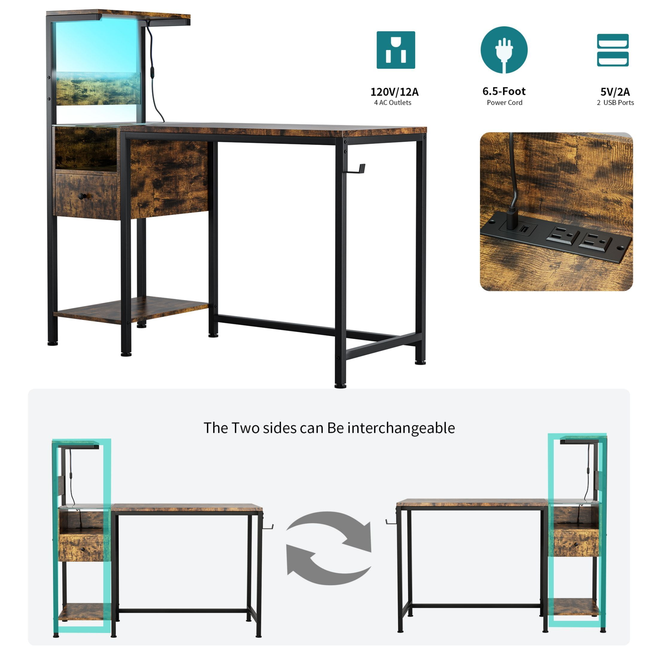 DEALTOPS Computer Desk with LED Lights, Gaming Desk with Reversible Shelves and Charging Station, Rustic Brown
