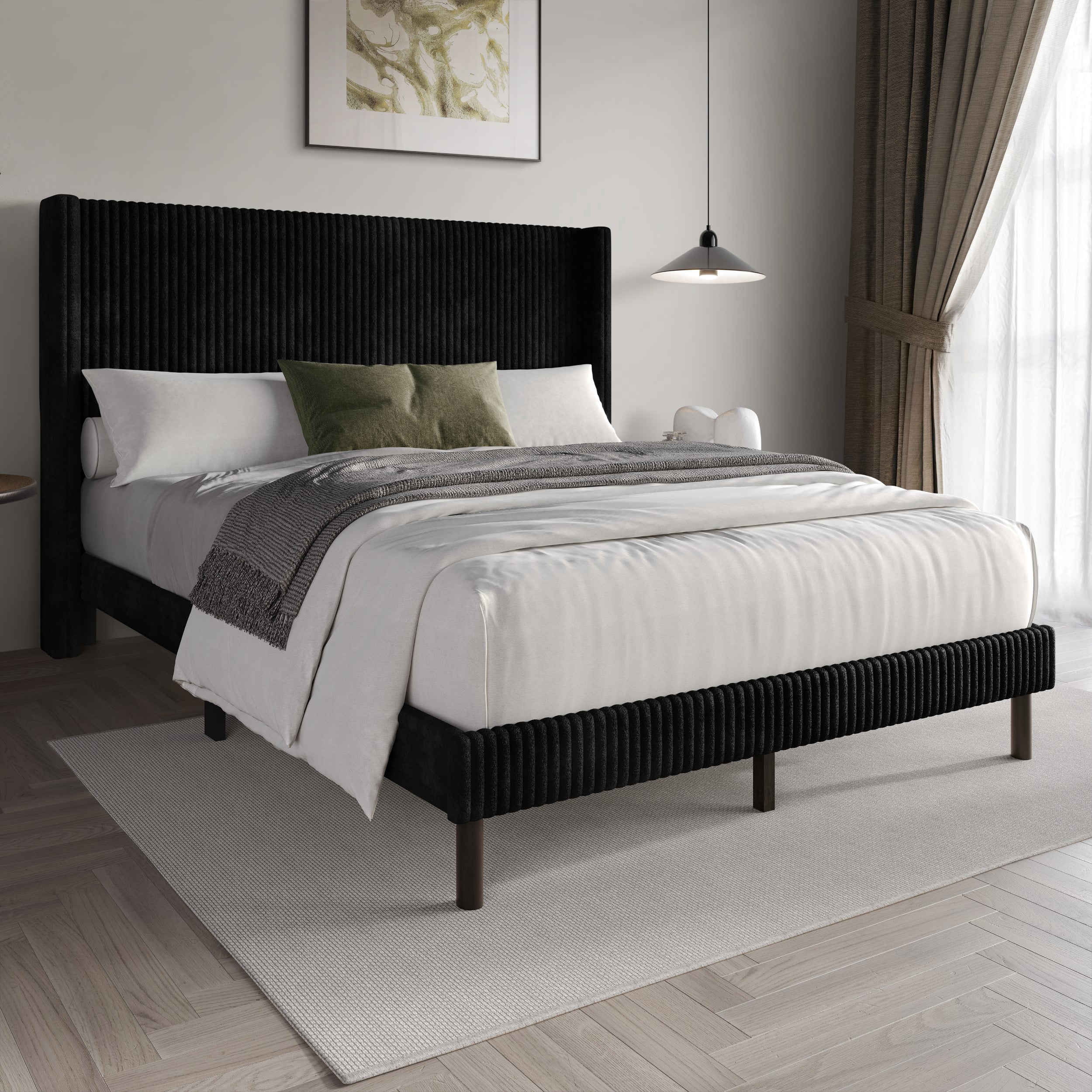 Home Design Duluth Queen Corduroy Velvet Upholstered Platform Bed Frame with Wingback Headboard & Button-Tufted Detail, Black, Easy Assembly