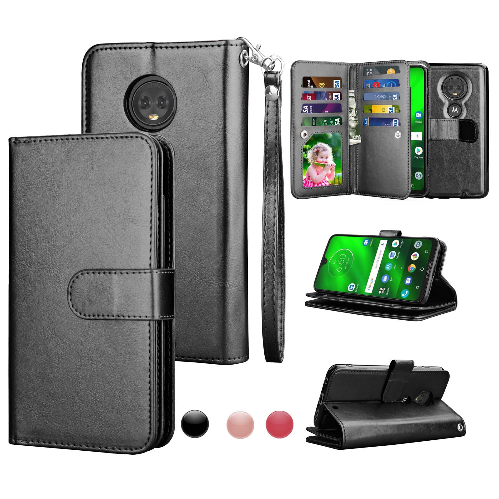 Njjex Case for Motorola Moto G7 / Moto G7 Plus / XT1965 [Wrist Strap]  Luxury PU Leather Wallet Flip Protective Case Cover with Card Slots & Stand  for Moto G (7th Generation)