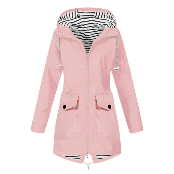 MSJUHEG Jackets For Women Hoodies For Women Women Solid Rain Jacket Outdoor Plus Size Waterproof Hooded Windproof Loose Coat Hoodie Pink L