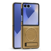 Magnetic for Samsung Galaxy Z Flip 7 PU Leather Case, Compatible with Magsafe, Built-in Invisible Stand, Premium Ultra Slim Adjustable Kickstand Protective Phone Case for Galaxy Z Flip 7, Desertgold