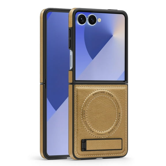 Dteck Magnetic for Samsung Galaxy Z Flip 7 Case with Stand, [Compatible with Magsafe] Built-in Invisible Kickstand Luxury PU Leather Anti Slip Slim TPU Shockproof Protective Case, Desertgold