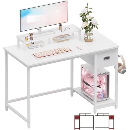 39 Inch Computer Desk with Monitor Stand Small Home Office Desks with Non-Woven Storage Drawer for Bedroom Study Table Writing and Work Desk Espresso