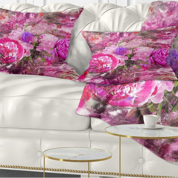 Designart Pink Peonies Abstract Background - Floral Throw Pillow - 12x20
