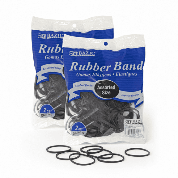 BAZIC Black Color Rubber Bands 2 Oz Assorted Sizes, 2-Packs