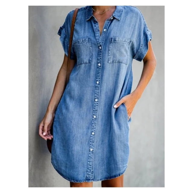 Vestido genérico de mezclilla de manga corta para mujer, color azul