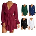 thumbnail image 4 of Biekopu Women’s Casual Long Sleeve A-line Dress Fashion Solid Color Bandage High Waist Ruffle Dress, 4 of 4