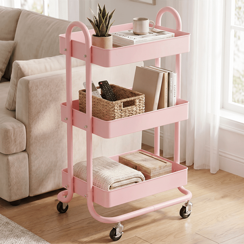 Fenbeli 3-Tier Metal Rolling Utility Cart with Wheels, pink, 18"L x 13.4"W x 31"H