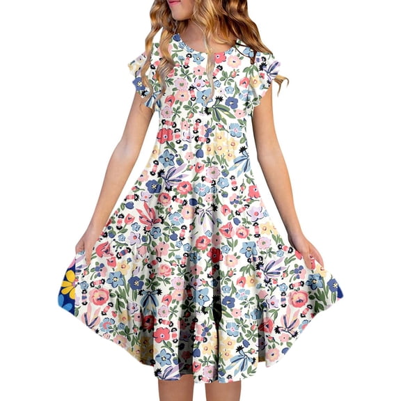 WOYY Big Girls Floral Dress Tiered A Line Dress with Flutter Sleeves, Sizes 10-11Y