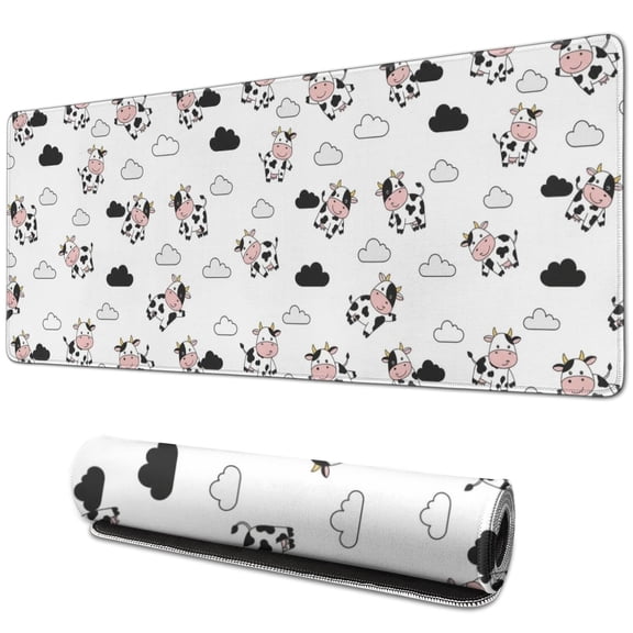 Long Mouse Pads for Desk,White Cow Cloud Pattern Desk Mats on Top Of Desks, Desk Mouse Pad Extra Large with 3mm Non-Slip Base and Stitched Edge for Gaming,Office,Work,Home 31.5"x11.8"