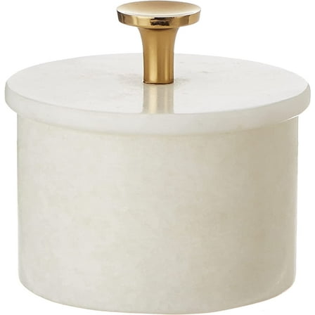 Queenza White Makranan Marble Salt Cellar with Lid and Brass Knob, 3 inches Box for Salt and Spices
