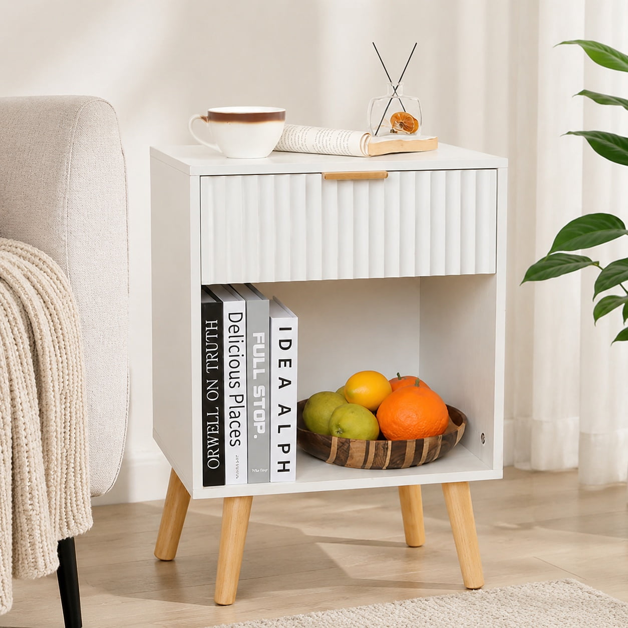 White Nightstand Modern Bedside Table with Drawer and Open Storage Fluted End Side Table with Solid Wood Legs for Bedroom