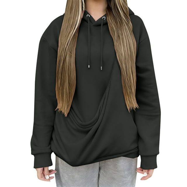 Duoif Womens Hoodies Pullover, Oversized Solid Color Sweatshirt - Women's Loose Pullover Womens Fall Tops Dark Gray L