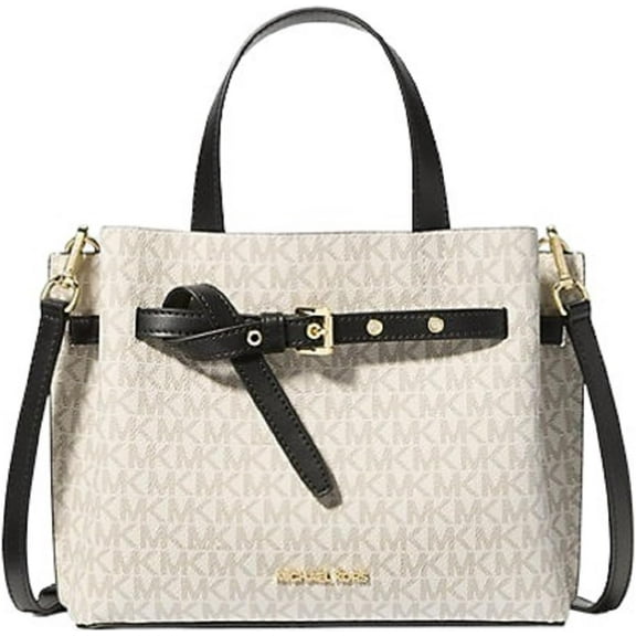 Michael Kors Emilia Small Pebbled Leather Logo Satchel, Vanilla/Black