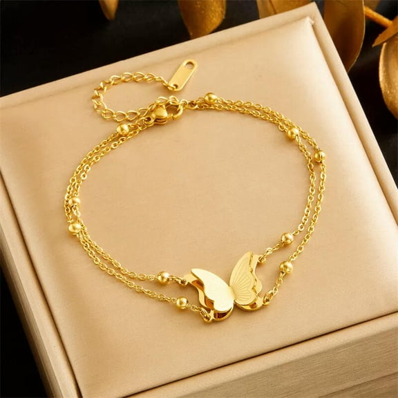 GKNET Womens 18K Gold Plated Stainless Steel Double Butterfly Bracelet Bangle Jewelry