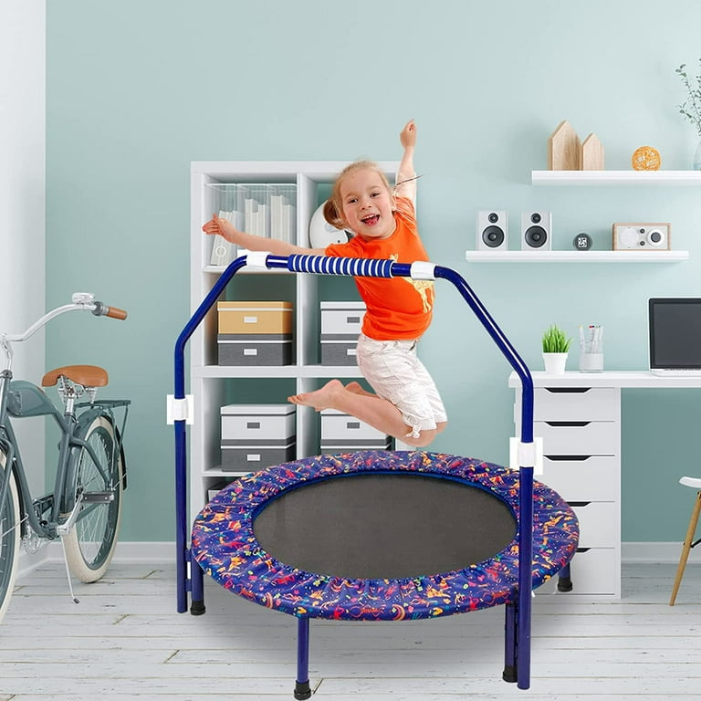 36 Inch Kids Trampoline with Foldable Bungee Rebounder Adjustable Handrail and Safety Padded Cover Mini Trampoline for Indoor and Outdoor use Blue