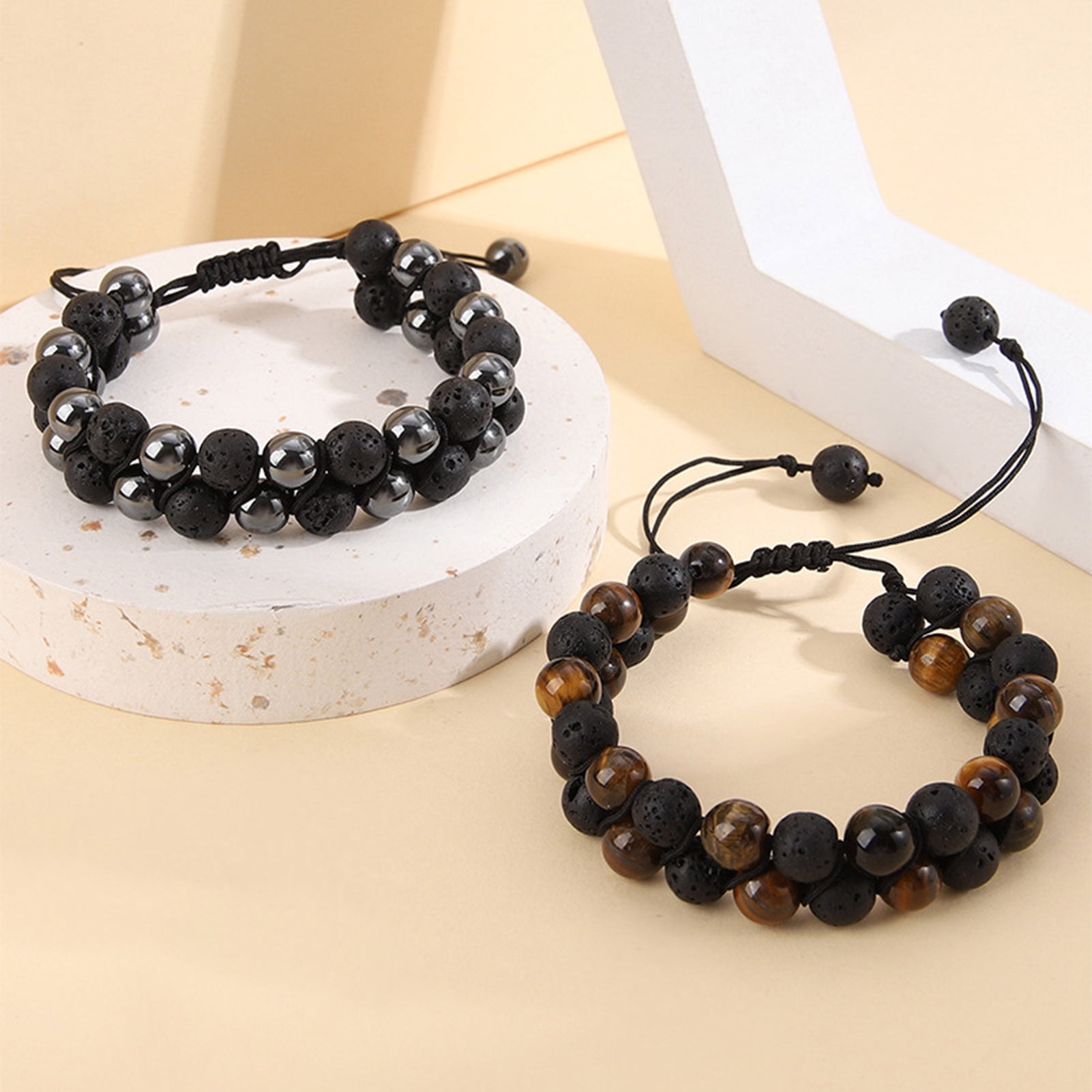 Leasote Beads Bracelet Braided Rope Double Layer Vintage Adjustable Drawstring Decorate Jewelry Tiger Eye Faux Rock Stone Men Anxiety Bracelet for Everyday Life Yellow One Size