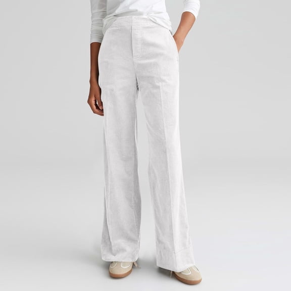 Womens Loose Corduroy Wide-Leg Pants Solid Color Partial Elastic Waist Side Pockets Soft Comfy Fabric Casual Sports Daily Office Weekend Fall Winter Fashion Ladies Wear White S