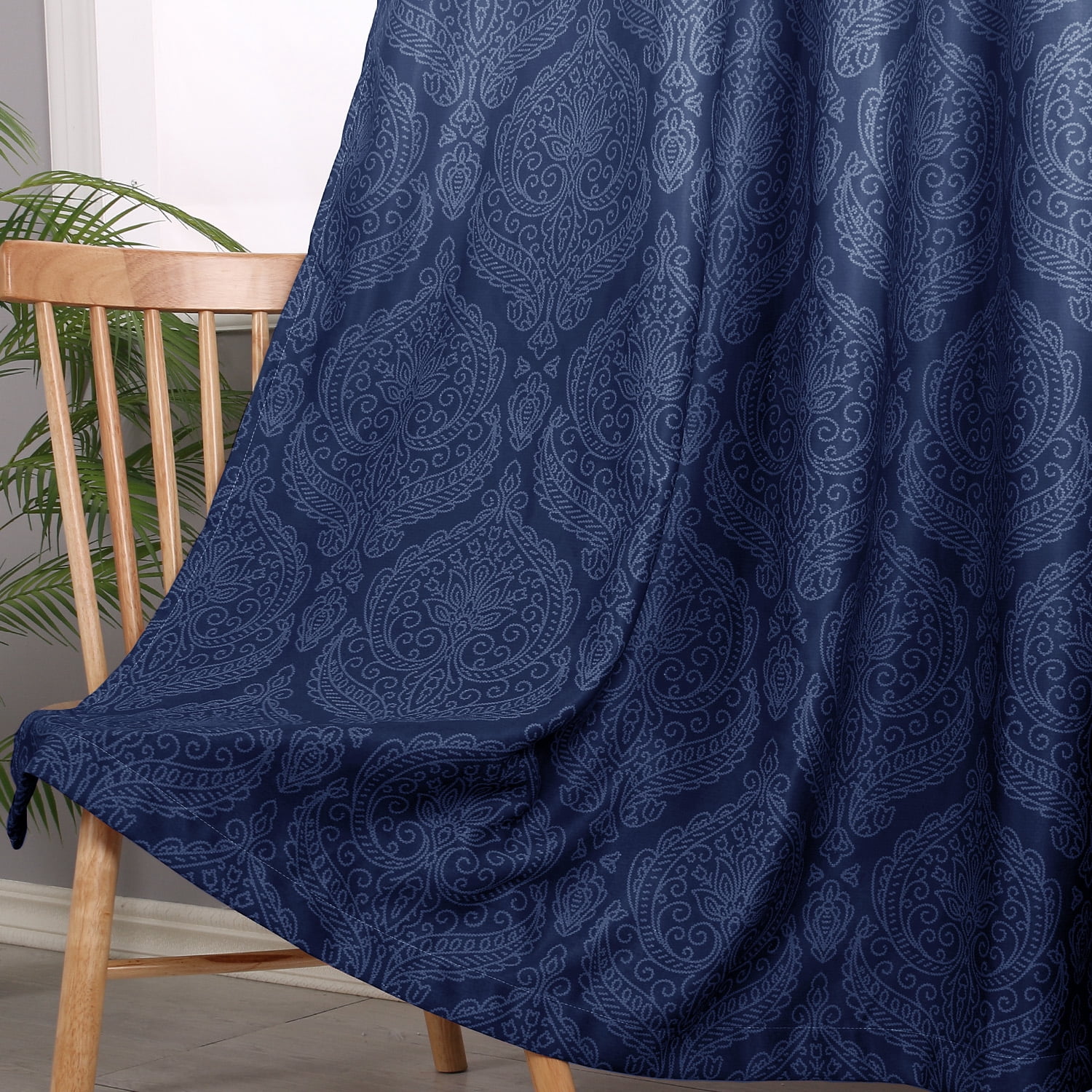 JIUZHEN Ombre Blackout Curtains - Grommet Top Gradient Damask Pattern Thermal Insulated Drapes for Living Room and Bedroom, Set of 2 Panels, 52 x 63 Inch Length, Navy