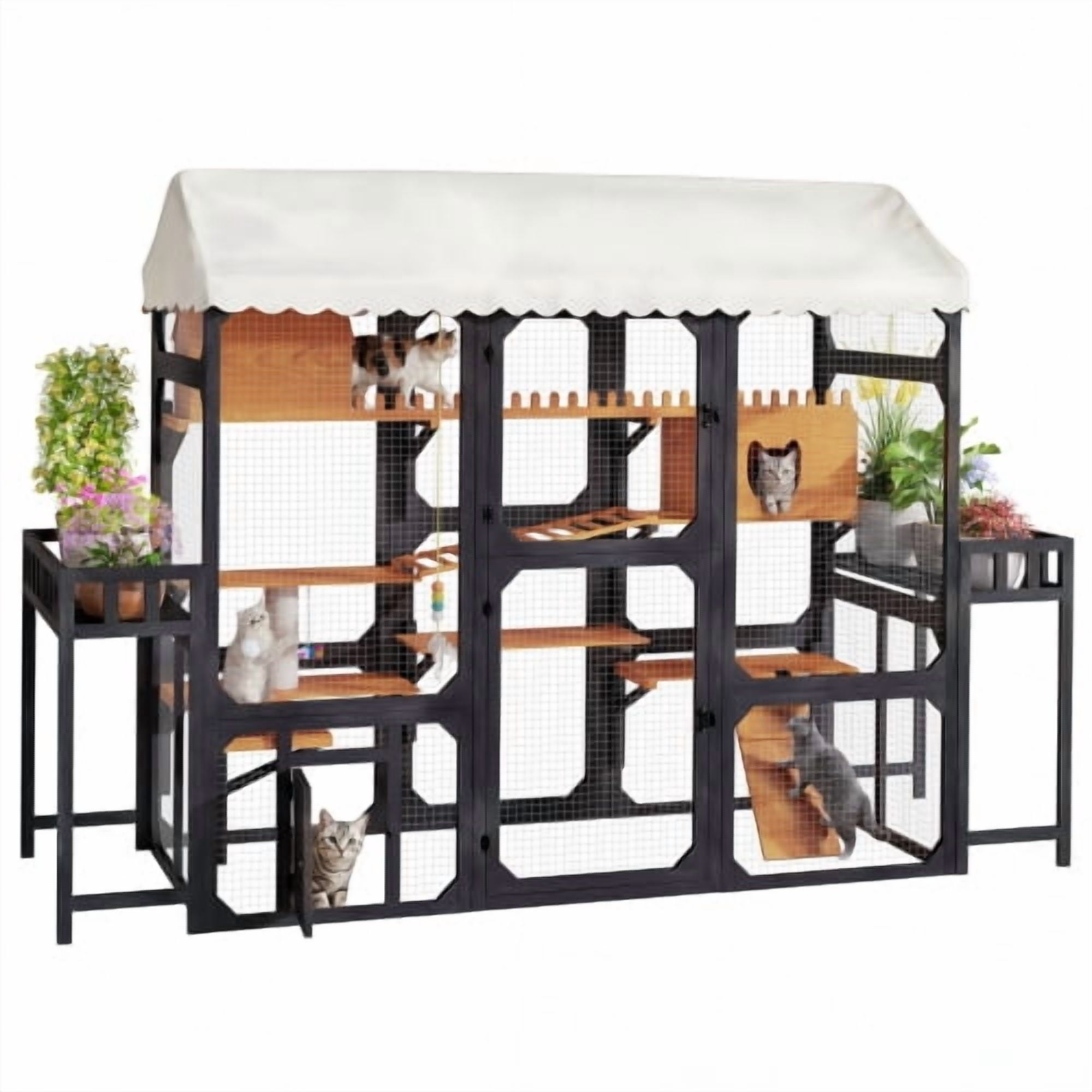 Large Outdoor Cat Enclosure Wooden Catio with Plant Stands and Multi-Level Playpen for Backyard Patio, Black