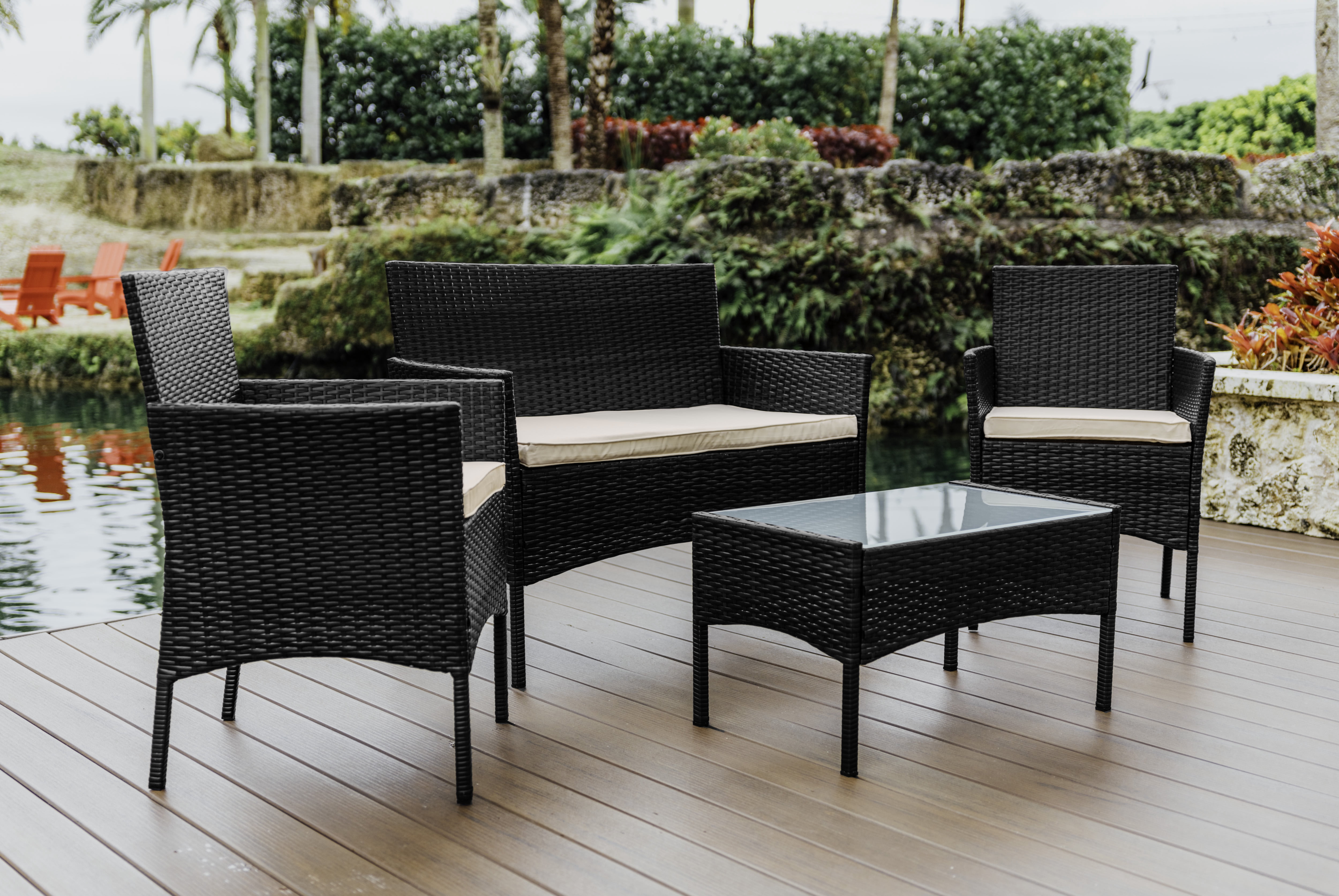 LammaLoe 4 Piece Outdoor Patio Furniture Sets , Patio Table and Chairs, Outdoor Furniture Sets with 2 Chairs Loveseat & Glass Top Coffee Table, Porch Furniture Black/Beige
