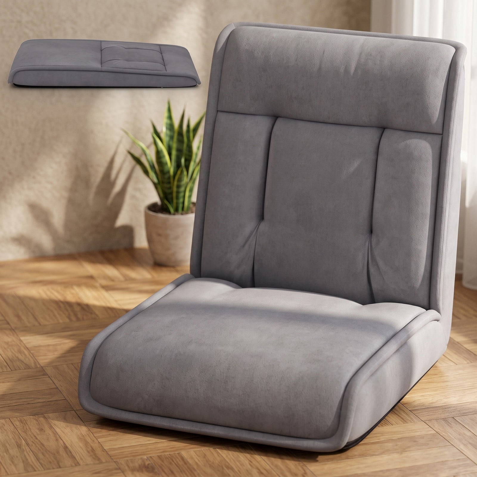 Furnibear Folding Floor Chair, Convertible Lazy Sofa Chaise Lounge with 14-Position Adjustable Backrest & 5-Level Headrest, Padded Metal Frame Sleeper Recliner, Gray