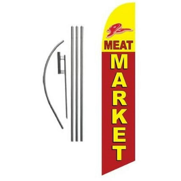 Meat Market Advertising Feather Banner Swooper Flag Sign with Flag Pole Kit and Ground Stake