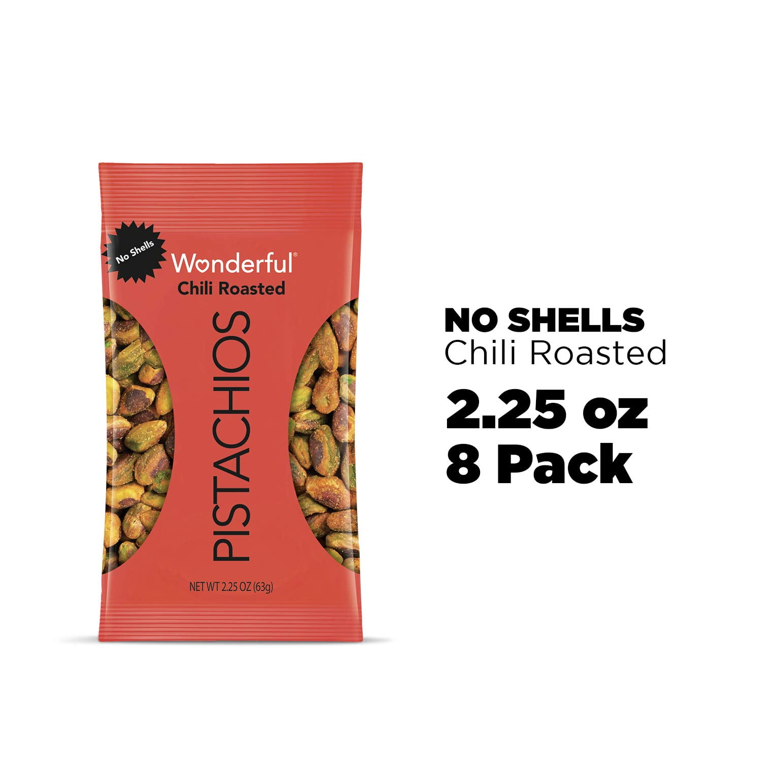 Wonderful Pistachios, No Shells, Chili Roasted, 2.25 Oz (Pack Of 8
