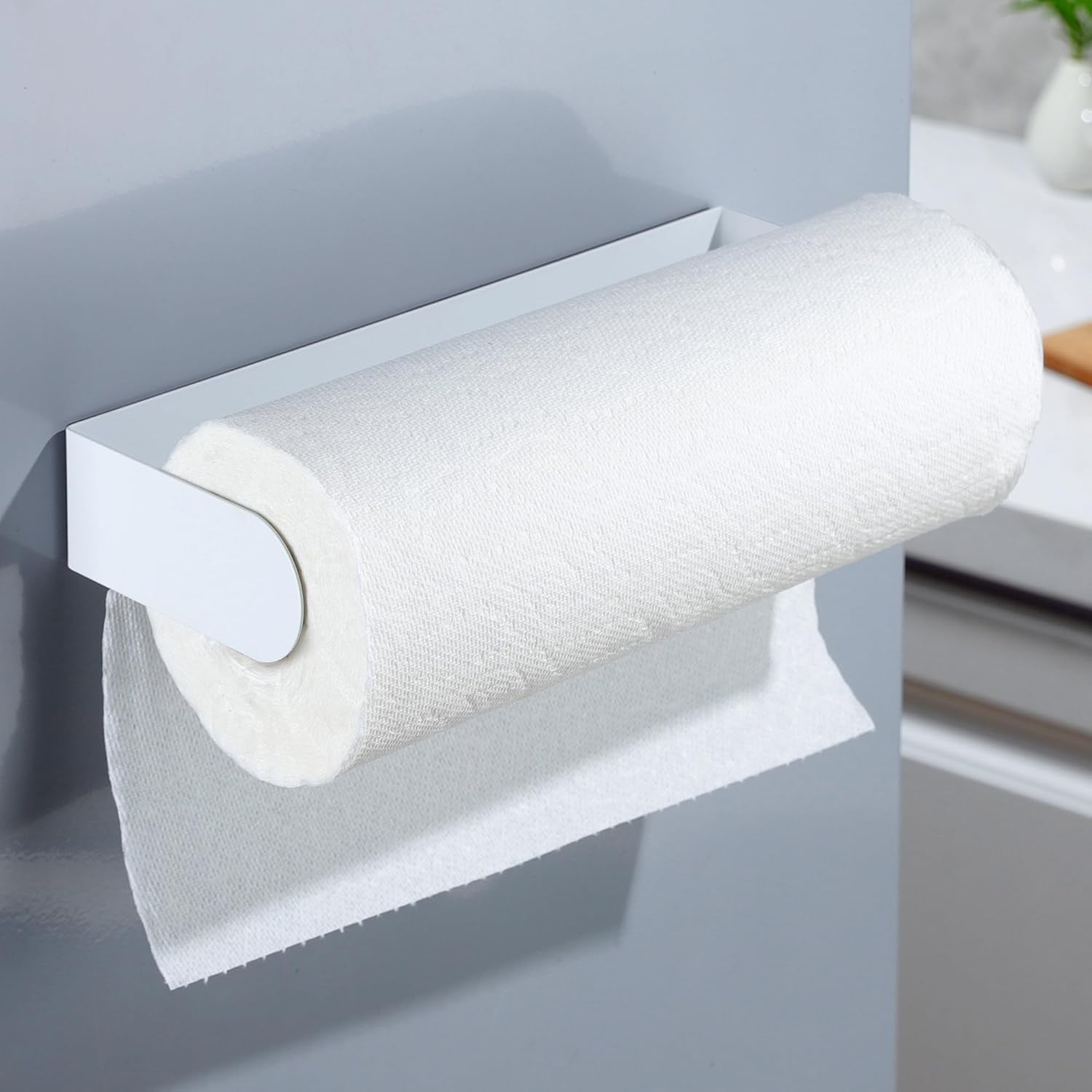 RGHJAR-Magnetic Paper Towel Holder - Multifunctional White Paper Towel Rack with Strong Magnetic Fit Most Size Paper Towels for Refrigerator, Rv, Garage, BBQ