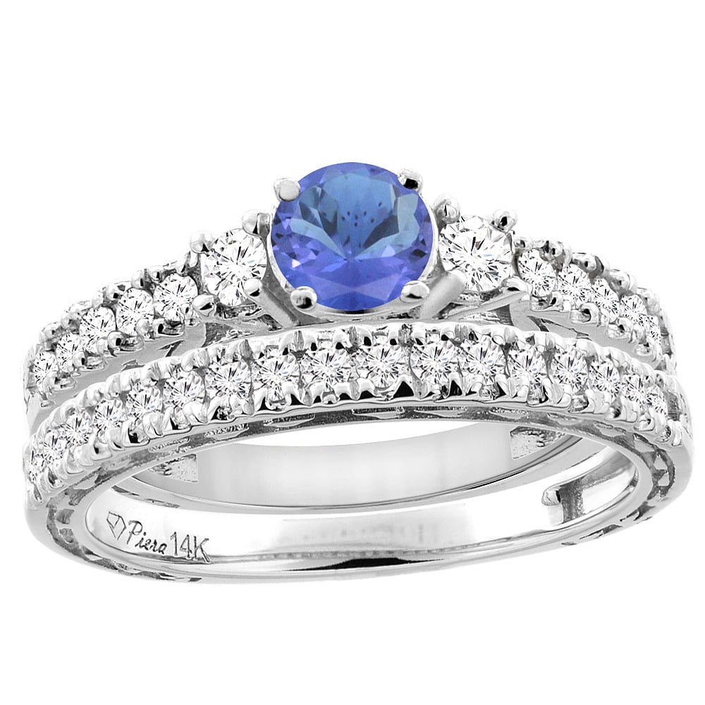 14K White Gold Diamond Natural Tanzanite Engagement 2-pc Ring Set Engraved Round 6 mm, size 6.5 by Gabriella Gold