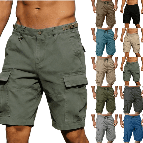 LEKWK Cargo Shorts for Men Hiking Straight Leg Bermuda Shorts Multi Pockets Durable Woven Mid Rise Button Waist Utility Shorts Outdoor Athletic Travel Work Wear Green 36