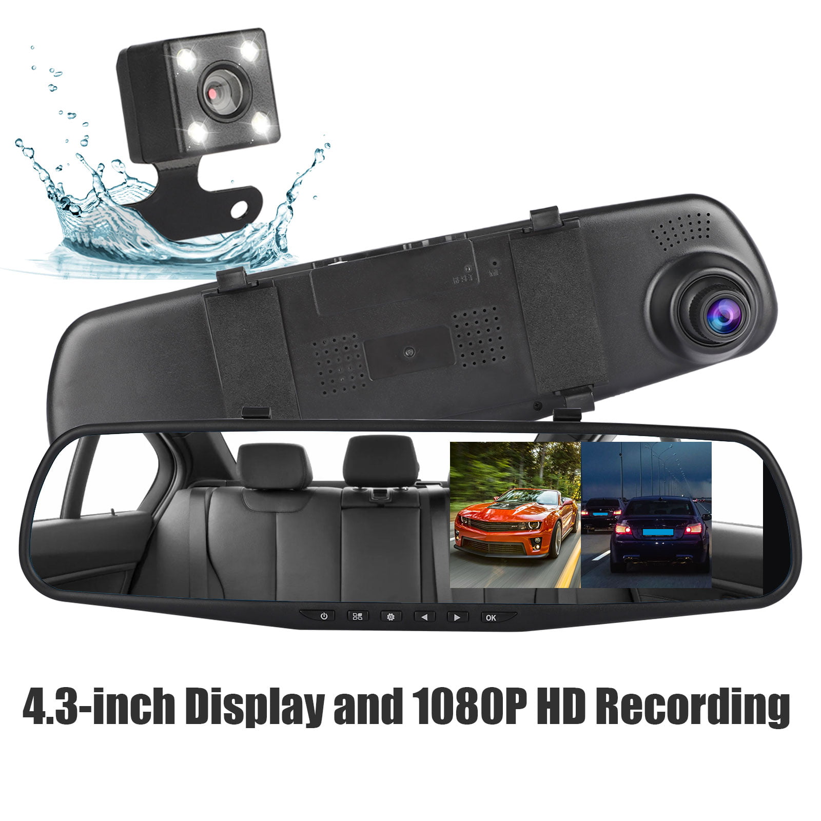 5 Inch Mirror Dash Cam 1080P Three Lens IPS Touch Screen Night Vision Reversing Image Car DVR Driving Recorder with Parking Monitor Loop Recording 