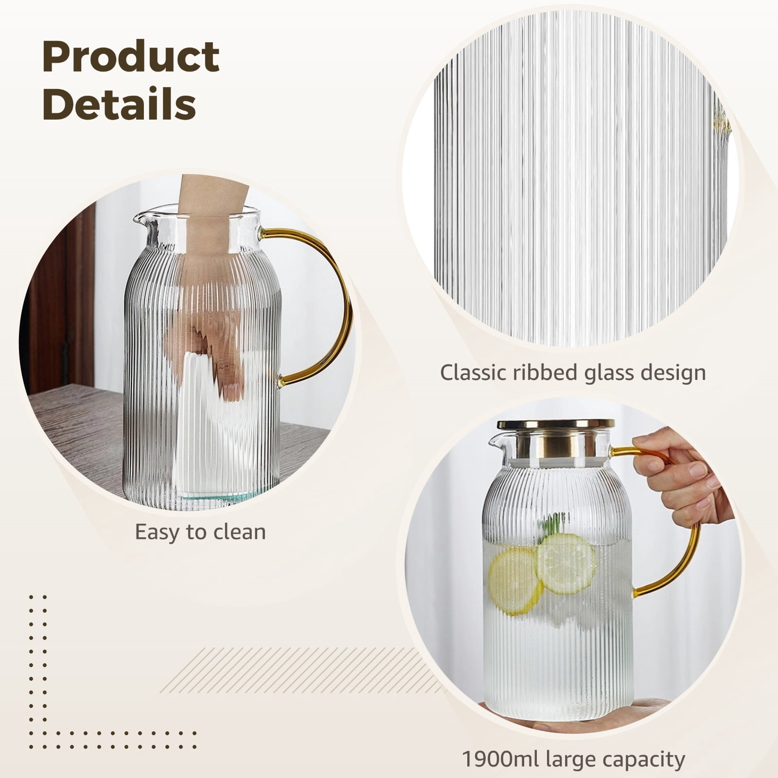 2 PCS Glass Pitcher with Lid, 64 oz Heat Resistant Borosilicate Carafe, Vertical Stripe Water Pitcher for Iced Tea, Juice, Lemonade, Coffee, Milk, Cold Brew, Fridge Beverage Server