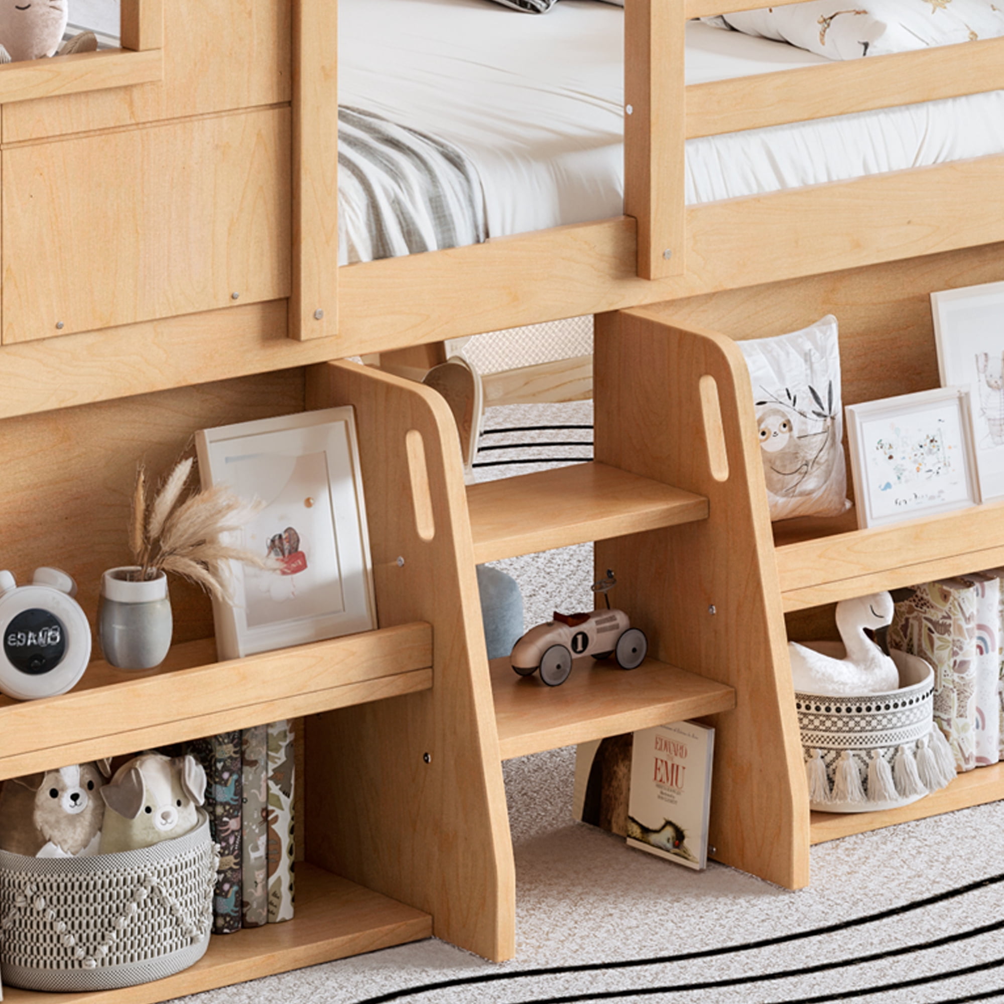 Leumius Full Size Loft Bed with Storage Shelves and Stairs, House Loft Bed with Playhouse Shape Roof and Window, Childlike and No Box Spring Needed Design, Natural