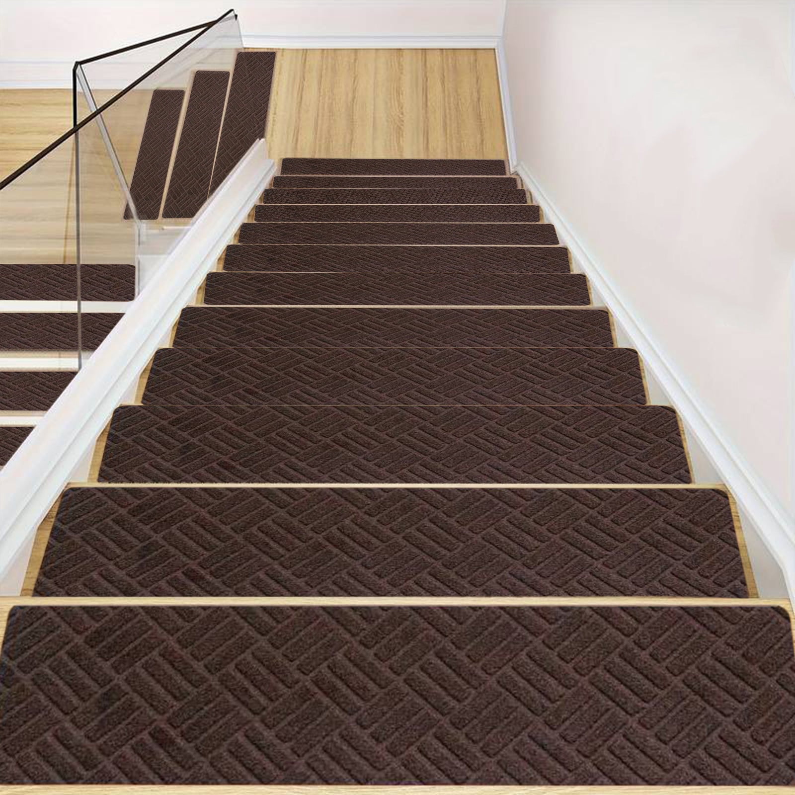 Meitianfacai 10PCS Non-Slip Stair Treads for Indoor Use, Large Size 21.6x7.4in Anti-Slip Carpet Mats with Reusable Adhesive, Safe for Kids, Elders & Pets, Easy to Clean(Brown)