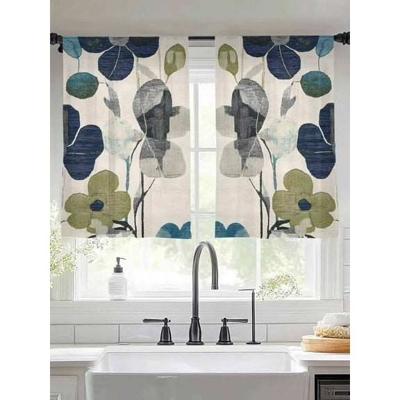 Navy Blue Green Floral Sheer Curtains for Living Room Bedroom Vintage Botanical Leaves Sheer Curtains 54 Inch Long 2 Panels Set Light Filtering Curtain Window Treatments Drapes for Dining Room