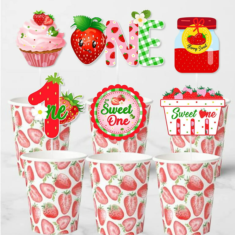 Strawberry 1st Birthday Decorations - 24pcs Strawberry Centerpiece Sticks,  Sweet One Table Decorations, Berry First Birthday Table Centerpiece, Pink