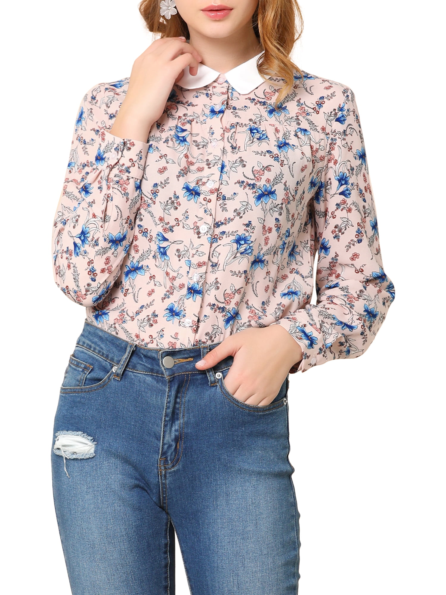 Tops Down Shirt Buttons Women  Blouse Floral Print Long Sleeve 