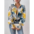 thumbnail image 2 of Women'S Floral Dressy Casual V Neck Button Down Shirts Lantern Long Sleeve Boho Chiffon Fall Tops Blue & Yellow S, 2 of 8