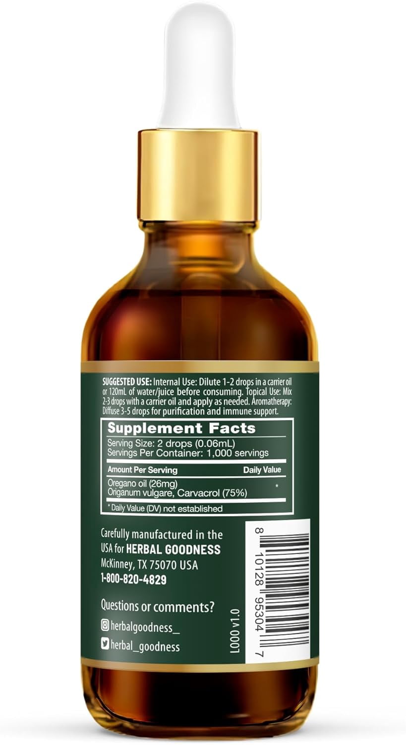Oil of Oregano Drops, Liquid Supplement, Aceite de Oregano, Virgin Olive Oil, for Immune & Digestive Support- 2oz - Herbal Goodness