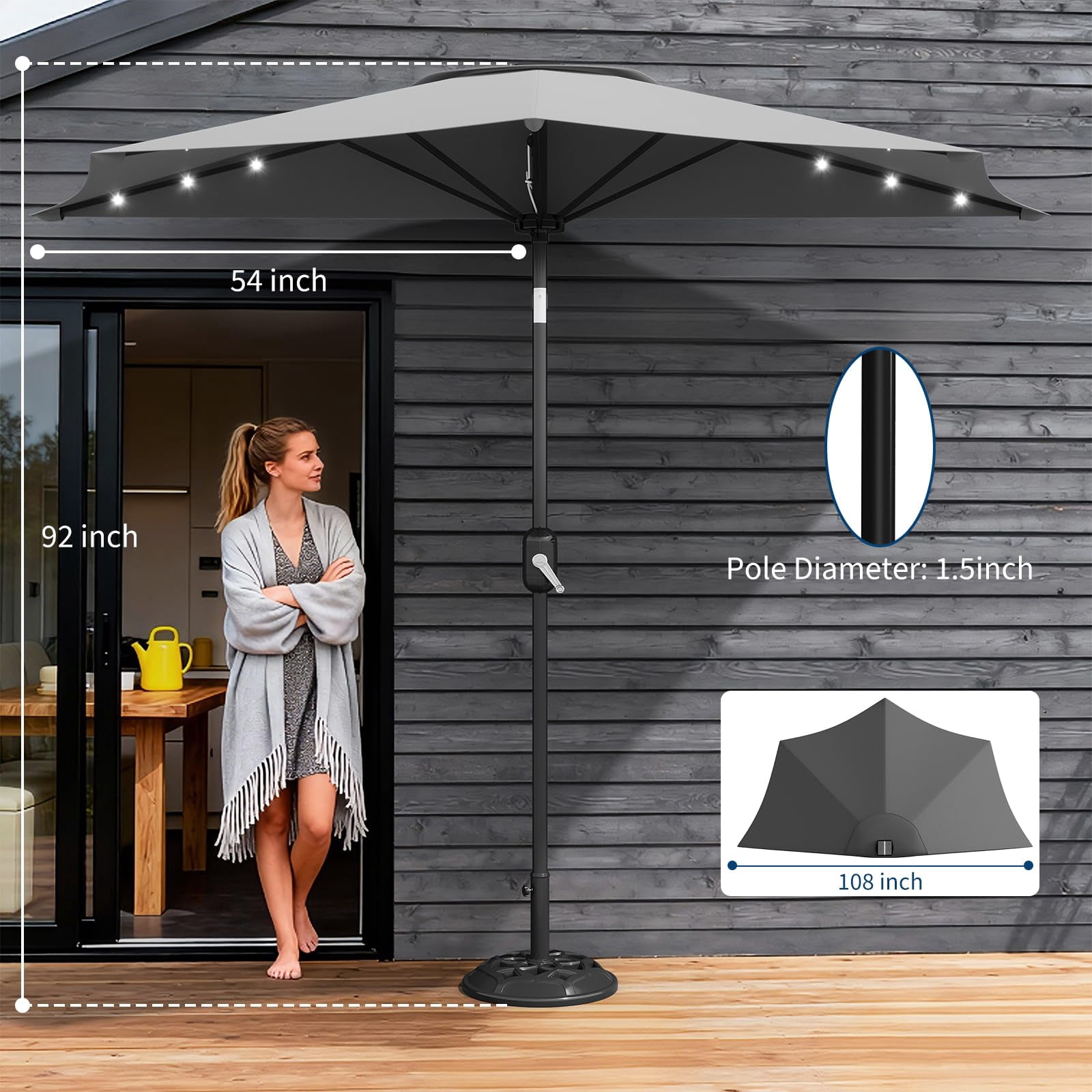 Senfot 9FT Half Patio Umbrella with Solar LED Lights, Smooth Crank Lift Outdoor Shade Canopy, UV Resistant for Patio Backyard Deck, Gray