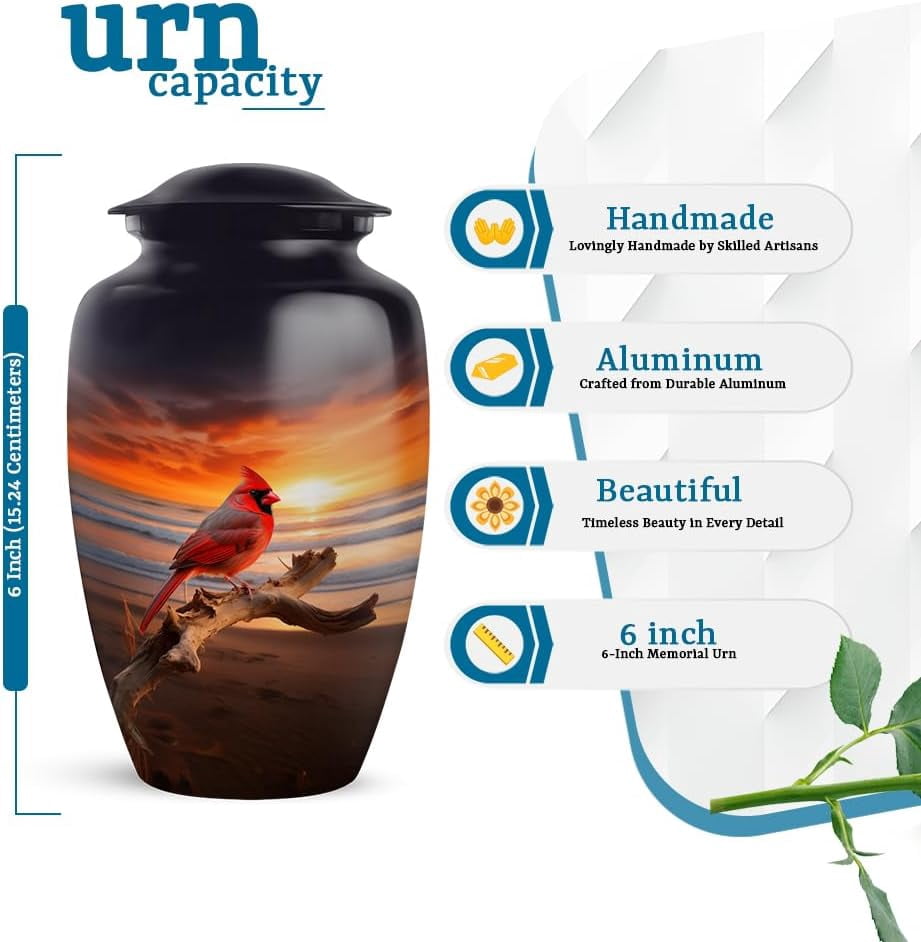 Cardinal Bird Sunset Urn, Beach Scene Cremation Urn For Human Ashes, Spiritual Messenger Urns For Ashes Adult Female, Cardinal Memorial Cremation Urn Keepsake, Size 6 Inch 1Pcs