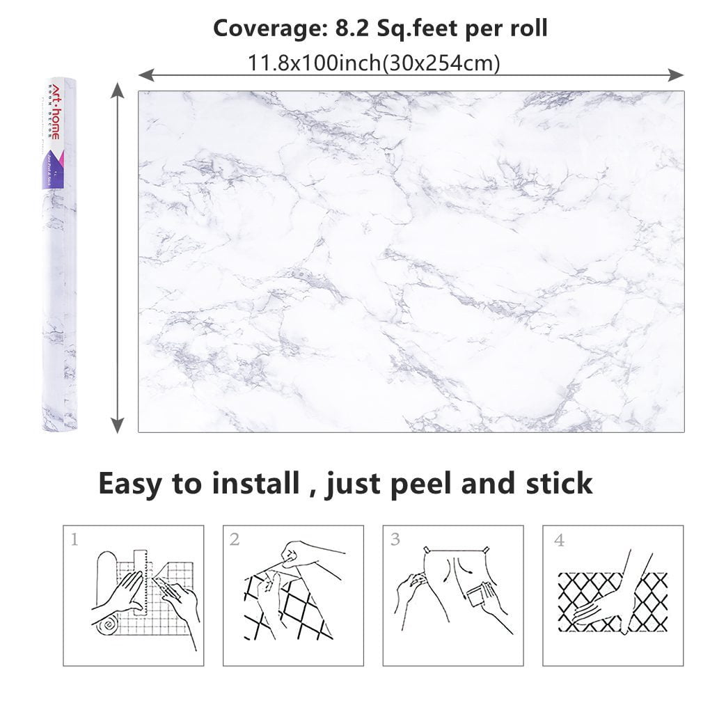 Arthome Marble Paper,11.8x100 inch Self Adhesive Wallpaper Waterproof Gloss PVC Vinyl, Oil Proof,White/Gray Granite Paper,Marble Vinyl Paper for Furniture Cover Surface,Countertop,Kitchen,Shelf Liner
