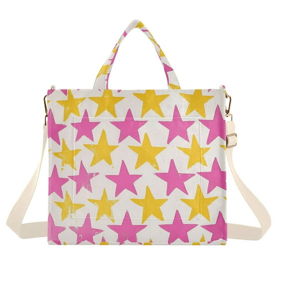 FORMRS Womens Corduroy Tote Bag Crossbody Shoulder Handbag with Pocket, Yellow Pink Stars