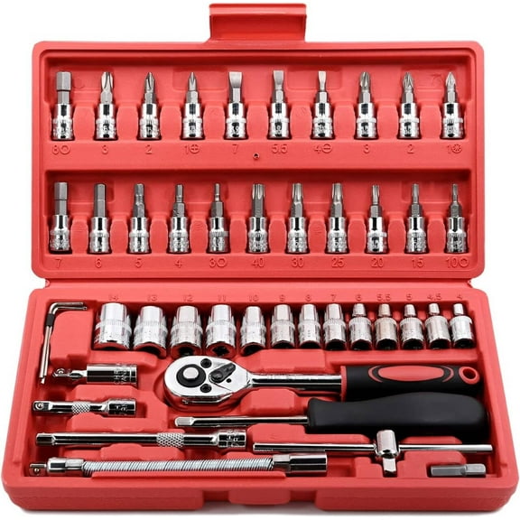 Enroslu Socket Ratchet Wrench Set, 46 Pieces Screwdriver Kit with Metric Bit Sockets and Extension Bar, 1/4 inch Drive Socket Ratchet Wrench Set for household and car repair